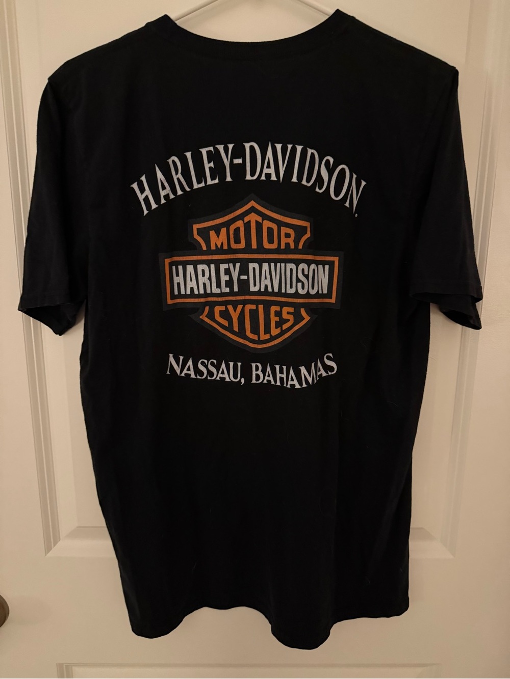 HarleyβDavidson Black Tee with Orange & White Shield Nassau Bahamas